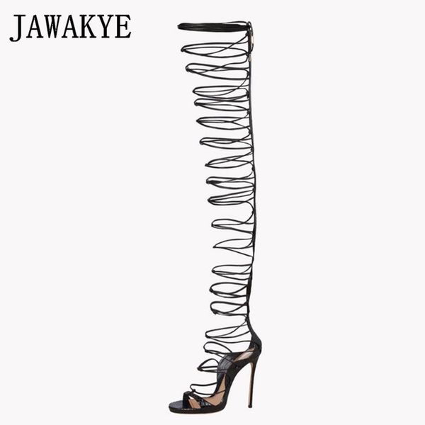 

jawakye brand summer shoes hollowed out strappy gladiator sandals women fashion lace up party thigh high boots for women, Black