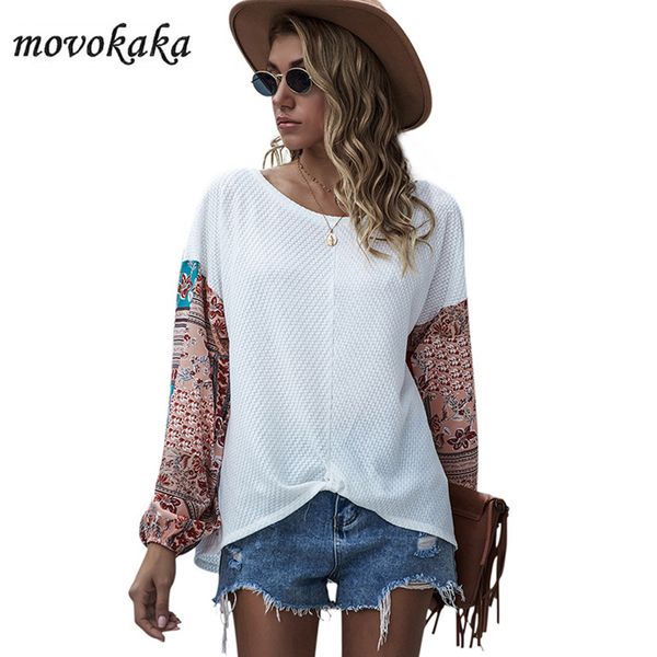 

movokaka new boho patchwork white t shirt women plus size tee shirt femme long sleeve tshirts women autumn winter t
