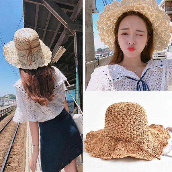 

new brim hook flower female korean style stylish foldable hand-woven sun straw straw flowers and grass hat beach beach sun hat, Blue;gray