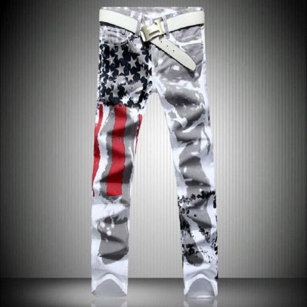 

mens plus size new arrival fashion jeans straight slim casual pants denim pants flag printing skinny trousers, Blue