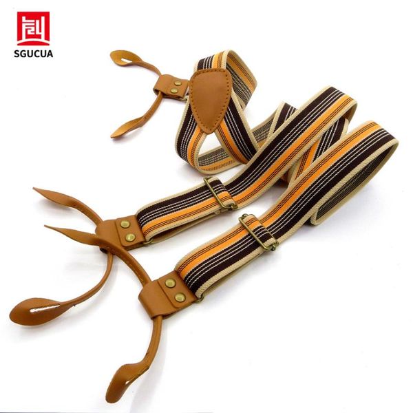 

sgucua vintage stripes men's suspenders casual fashion braces leather suspenders adjustable 6 buttons belt strap, Black;white