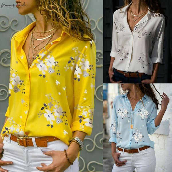 

womens long sleeve casual floral loose blouse ladies plain button v neck shirts plus size s 5xl, White