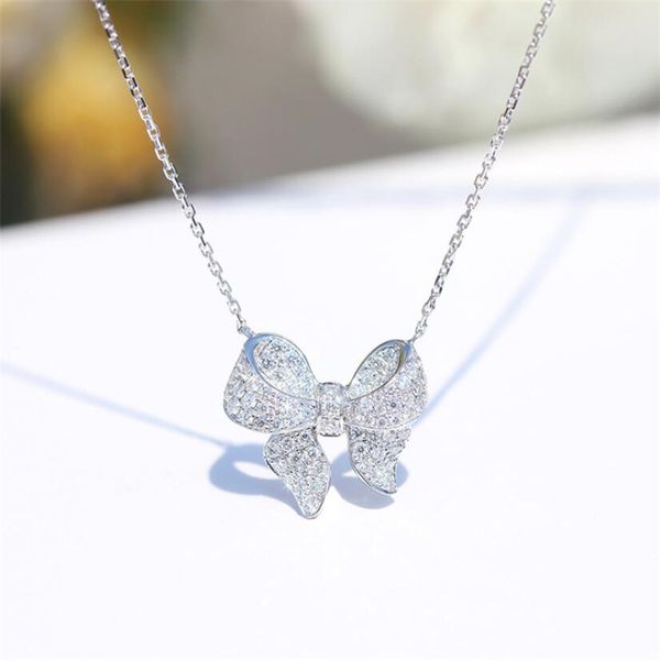 

ins selling luxury jewelry sparkling real 925 sterling silver bow butterfly pendant pave white 5a zircon clavicle necklace with chain