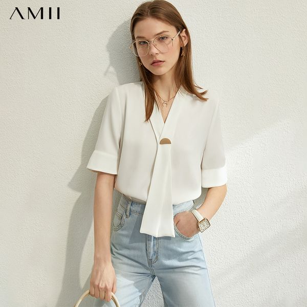 

amii minimalism spring summer new bow neck solid women causal short sleeves loose olstyle female blouse 12030226, White