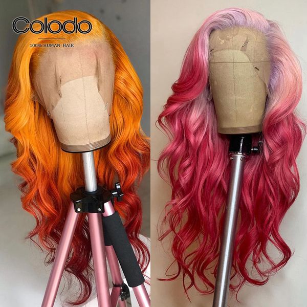 

colodo brazilian lace front wig with baby hair remy hair ombre pink transparent lace wig orange human hair wigs for women, Black