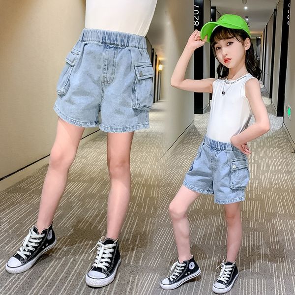 

fqh6b 2020 new casual children's pants girls' thin pants fashionable medium and large children's tooling denim shorts legging, Blue