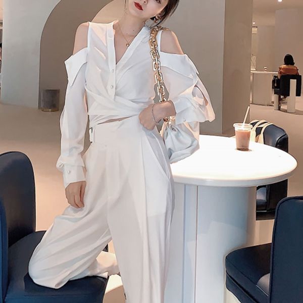 

patchwork irregular solid shirt women 2020 autumn casual fashion new style temperament minority v neck shirt p325, White