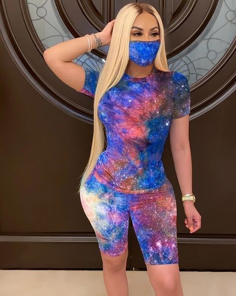 

2020 new women tie dye sports clothing sets lady pullover short sleeve o neck t shirt + high waist knee length shorts, Gray