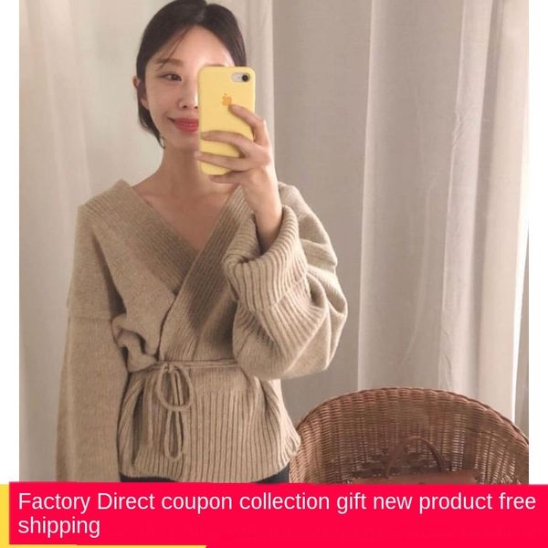 

ltpox 2019 autumn women's korean style chic knitwear knitwear knitted sweater high waist lace-up v-neck waist base shirt long sleeve sw, White;black