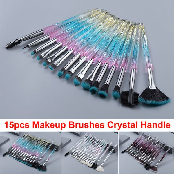 15pcs Pennelli trucco colorati Set Pennello di cristallo Viso Occhio Labbro Ombretto Eyeliner Sopracciglio Pennello per il controllo dei bordi delle ciglia Brochas Pennelli cosmetici