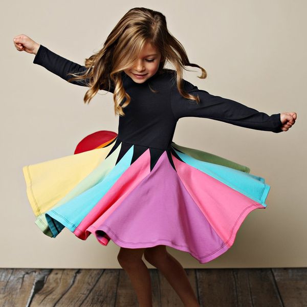 

autumn spring rainbow long sleeve cotton color unicorn baby girl cotton party dresses for kids princess girls gift dress 2-7year t200709, Red;yellow