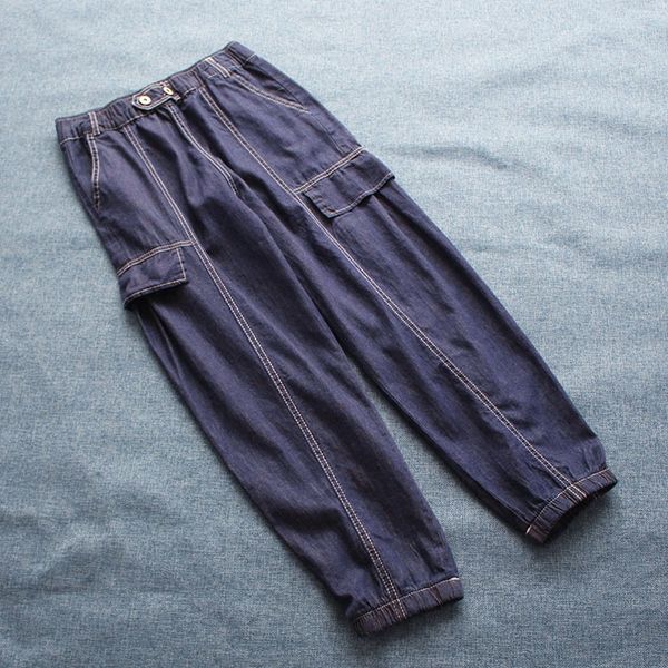 

women jeans 2020 new autumn korean casual pocket elastic waist harem pants vintage fashion women casual trousers, Blue
