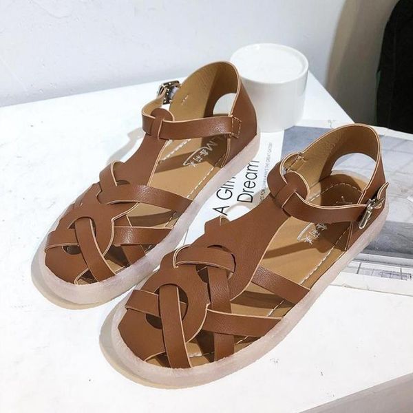

sandals shoes women leather heels flat summer 2020 chaussures femme sandals plus size 35-43 beach peep toe, Black