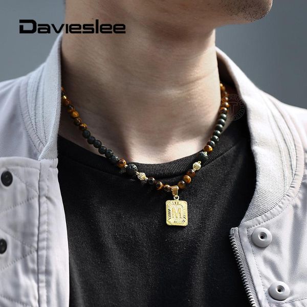 

initial letter charm pendant necklace for men women lava beads necklace mixed tiger eye stone gold color choker jewelry ldn163, Silver