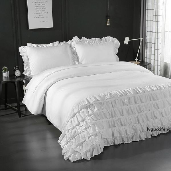 

3 pcs/set modern style ruffle polyester bedding set pillowcase duvet cover pleated lace bedding sets white bed linen set