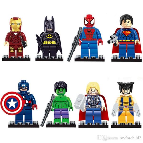 

8 pcs avengers super hero iron man tony stark hulk thor spider man superman wolverine batman building blocks mini action figure toy