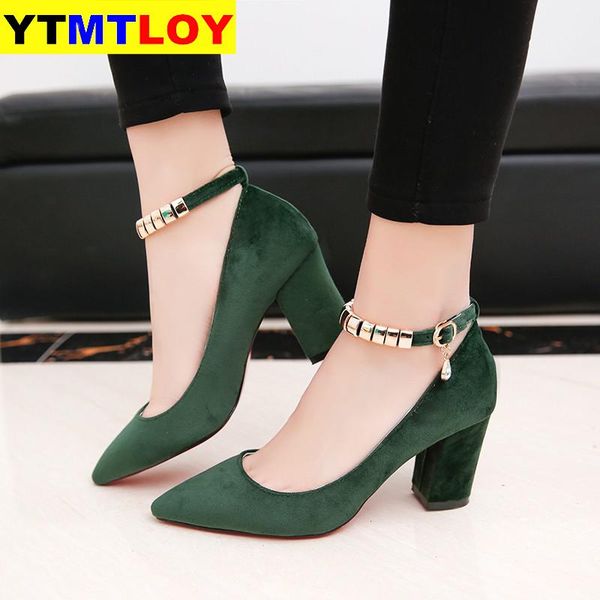 

spring autumn women pumps buckles high heels shoes fashion pointed toe wedding party square heel string bead casual, Black