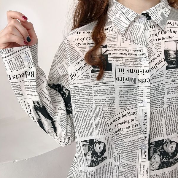 

mazefeng 2020 spring women casual shirts loose style female vintage shirts turn-down collar women ladies print newspaper, White