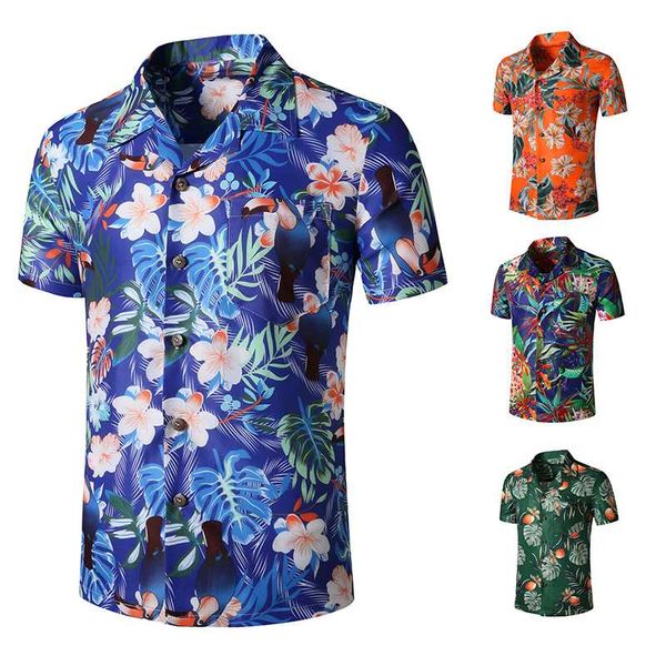 

new high-quality printed short-sleeved shirt men's casual plus size loose beach hawaiian men's shirt, White;black