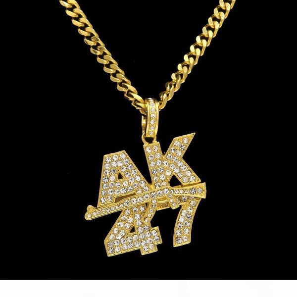 

d mens 18k gold silver plated iced cz hip -hop ak47 logo submachine gun pendant necklace with 5mm 27 &quot ;long cuban chain necklace f