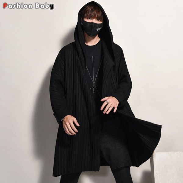 

men's loose woolen hooded trench coats fashion pleated batwing sleeve oversize autumn winter quality overcoat 2020, Tan;black