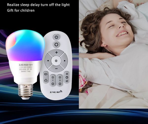 E27 Smart-Glühbirne, dimmbar, mehrfarbig, Wecklicht, RGB+WY-LED-Lampe, 2,4 G, kabellos, Sieben-Farben-Fernbedienung, intelligente Glühbirne