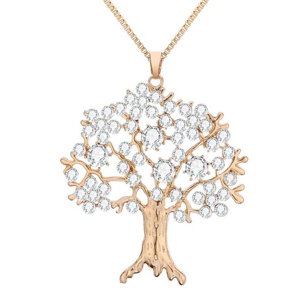 

new design tree of life necklace for woman big clear crystal big pendant gold color snake chain necklace female charms jewelry, Silver