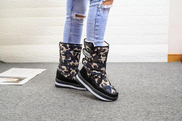 

camouflage snow boots women's outdoor hiking boots winter thick plush mid-calf platform boot men waterproof flat shoes, Black