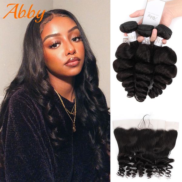 

human hair bundles with frontal loose wave hair weave 100% human hair for women indian 3 or 4 pcs bundles with 13x4 frontal abby, Black;brown