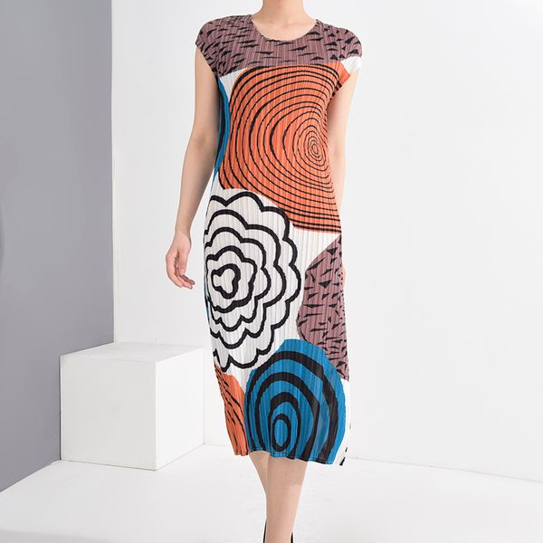 

lanmrem fashion new print pleased dress fpr women sleeveless round collar fold clothing thailand style 2020 yh683, Black;gray