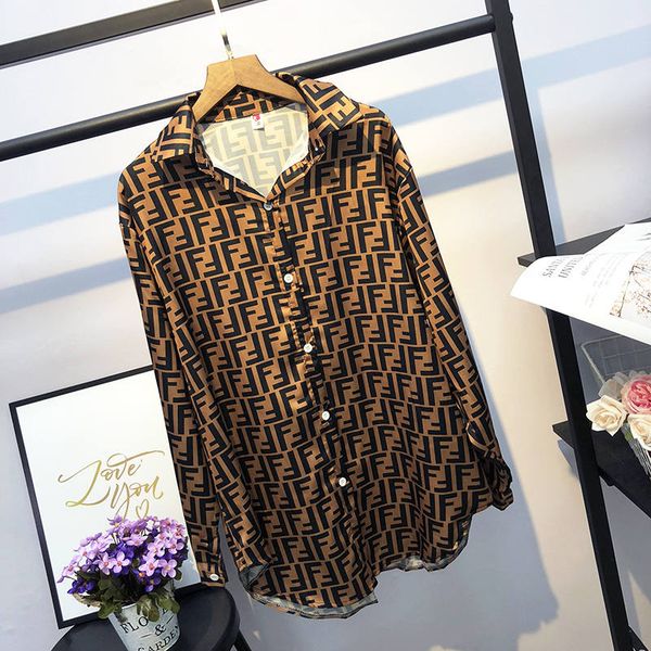 

Hong Kong style women shirts fashion designer shirt mid length shirt loose long sleeved designer shirts retro chic style wild autumn shirts