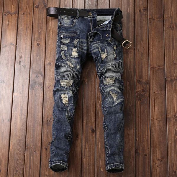 

men's jeans france biker moto slim fit straight denim pants distressed trousers, Blue