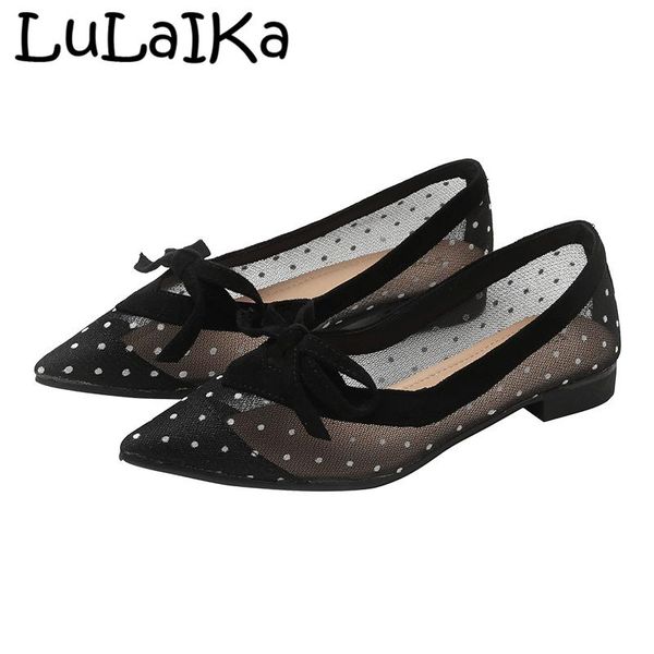 

2020 весна обувь женщины острого носа низкого каблук волна пуанты горошек mesh урожай элегантных неглубокие повседневный 1.5cm пятка dropshi, Black