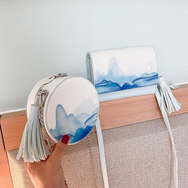 

female daily bag chinese ink painting crossbody bag women tassel elegant pu shoulder handbag retro shopping phone bags