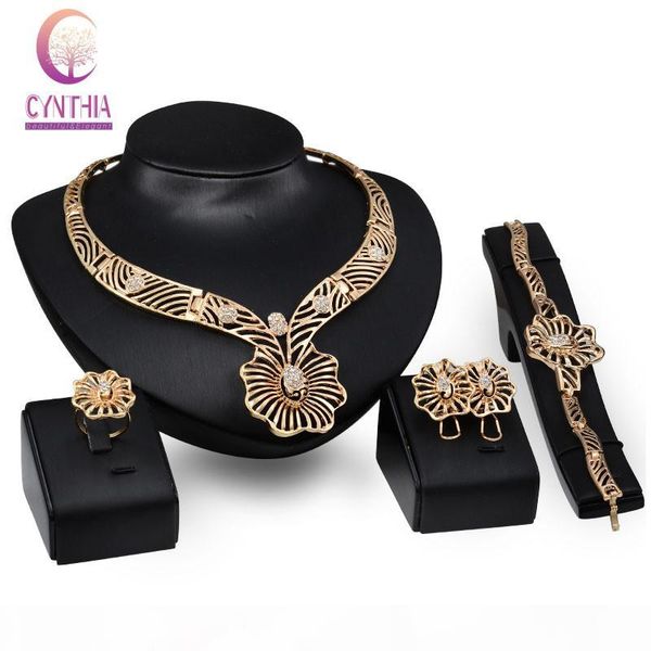 

fashion women 18k gold plated crystal flower africa dubai wedding party necklace bracelet earring ring jewelry set, Black