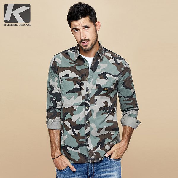 

kuegou 2020 осень хлопок камуфляж рубашки мужчины платье повседневный slim fit с длинным рукавом для мужской моды марка блуза 6112, White;black