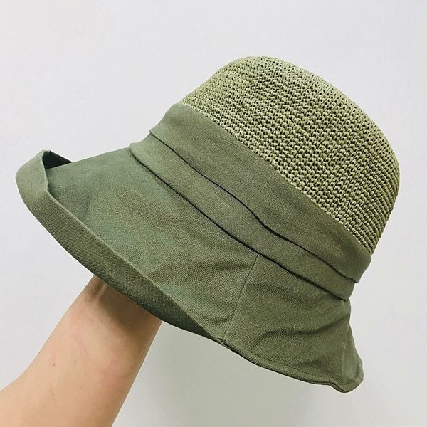 

2020 japanese crochet linen stitching straw hat curling folding sunscreen beach bucket hats summer basin hat girl floppy, Blue;gray
