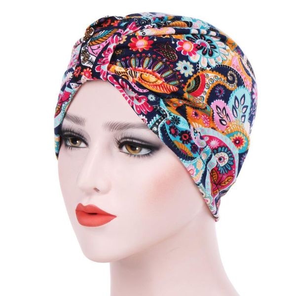 

new european and american ladies pastoral floral cotton baotou cap confinement cap muslim turban headdress turban, Blue;gray