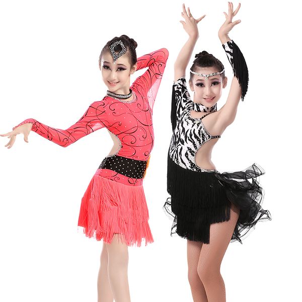 

girls leopard dotted latin dance costumes children latin fringe dress zebra ballroom dance dresses for kids, Black;red