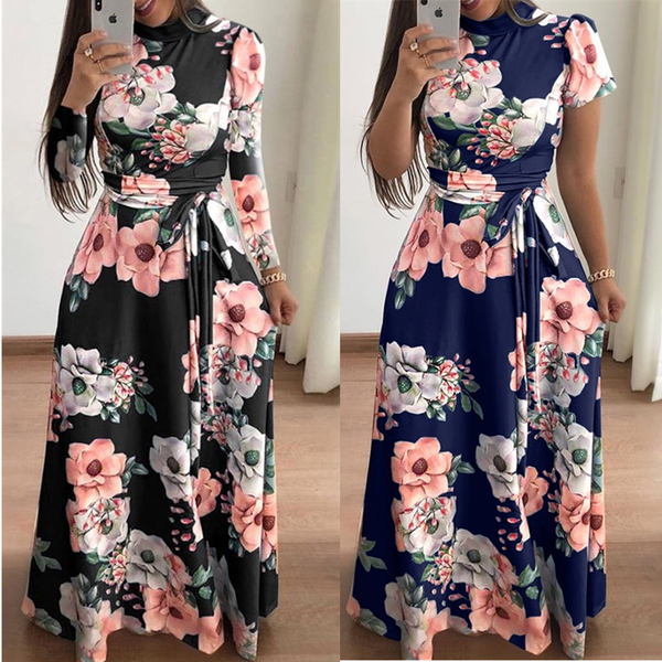 

women summer dress casual short sleeve long boho floral print maxi turtleneck bandage elegant dresses vestido kg-449, Black;gray