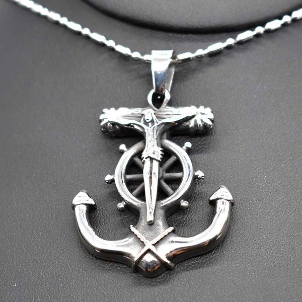 

amumiu punk anchor jesus pendant stainless steel chain necklace jewelry for men rock biker gift hzp230, Silver