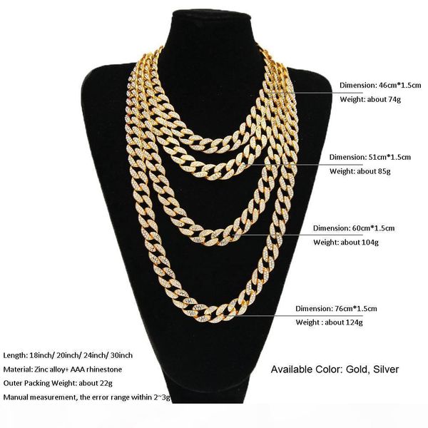 

hip hop jewelry iced out 18k gold plated full rhinestone curb miami cuban link chain necklace men bling rapper accessories 4 size length, Silver