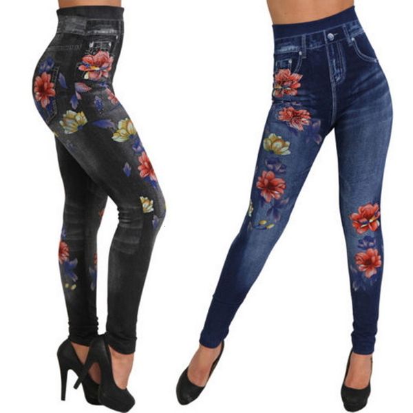 

fashion women leggings pants floral print pencil pants 2020 3xl plus size casual high waist faux denim leggings bottoms, Black