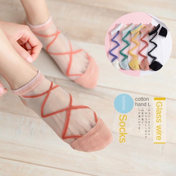 

2020 new card women's summer glass silk breathable sweat-absorbing short tube and silk socks mesh women's socks, Pink;yellow