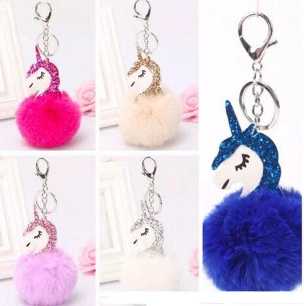

unicorn pompom keychain rabbit fur ball fluffy key chain horse porte clef pompom de fourrure car keyring sequins unicorn keychains, Silver