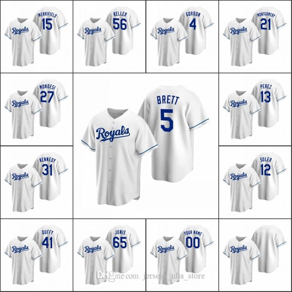 

kansas city royals #13 salvador perez 5 george brett 41 danny duffy men women youth custom white replica home jersey, Blue;black
