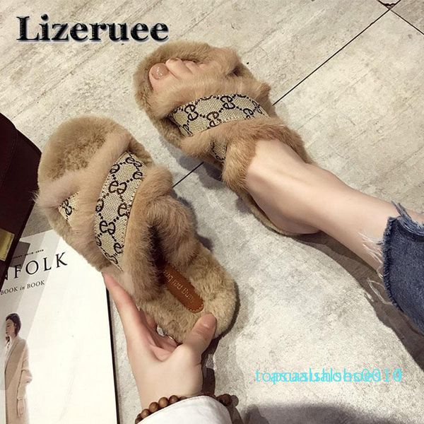 

cross-tied fur slippers winter shoes western design cozy flip flops zapatos mujer open toe flat slides korean brand slides women c14, Black