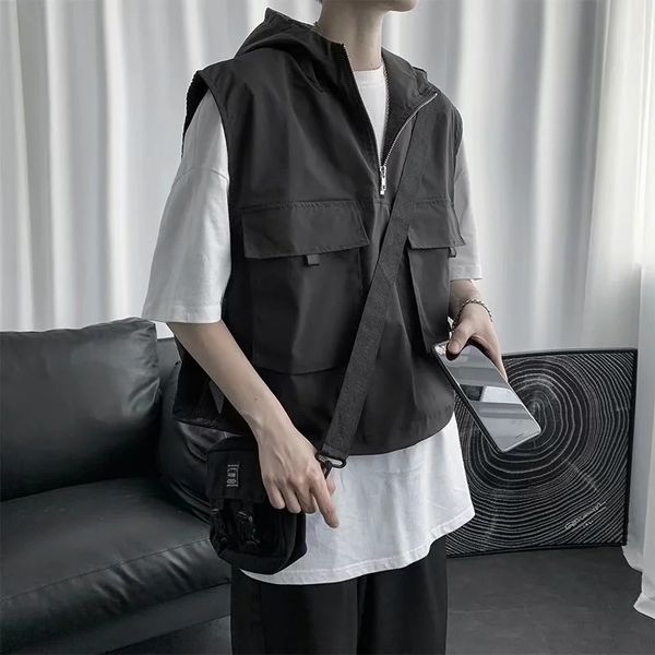 

extreme green wang yibo same black coat tooling sports wedding banquet sleeveless hooded vest vest coat, Black;brown