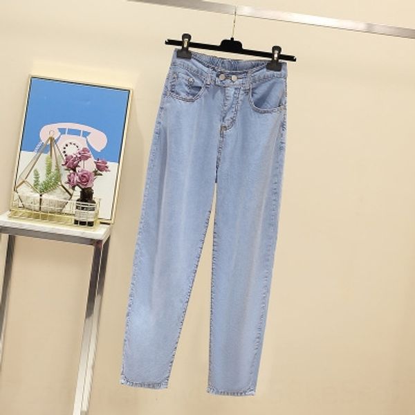 

oxudj tencel tencel jeans straight dad pants jeans women's wide loose summer ice silk fat mm200 kg large size high waist slimming thin, Blue