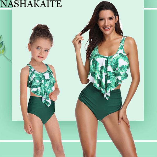 

nashakaite купальник мама дочь лето пляж бикини set ruffled printed купальник для мамы и дочери семьи смотри купальники y200713, Blue
